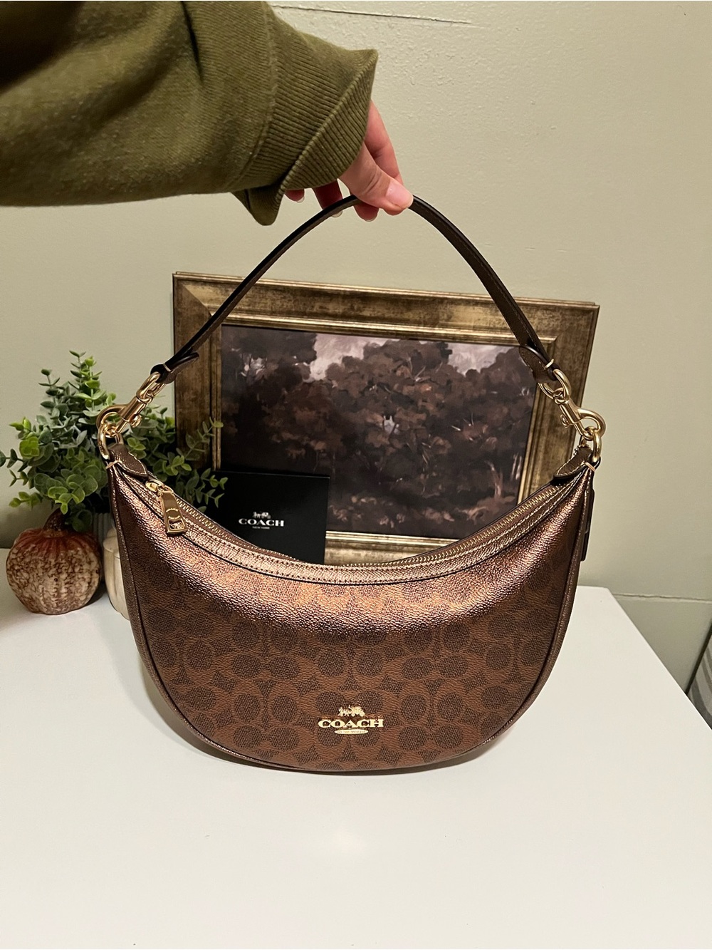 Coach Metallic Brown Signature Crescent Shoulder Bag -Aria